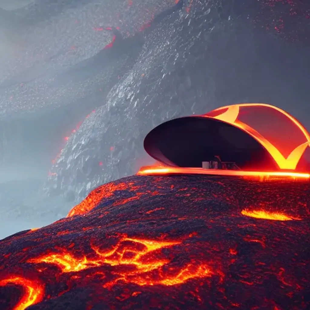 Prompt: futuristic tent on an isolated lava planet, landscape, concept, 8k, realistic, high quality, smoky, vivid, lava, fires, unreal engine, rocky, ultra realistic 