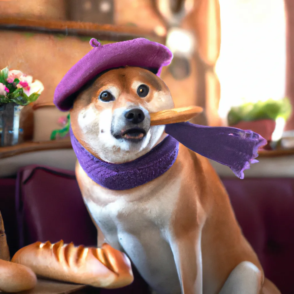 Prompt: a shiba inu wearing a purple beret in a diner eating a baguette, photorealistic, 8k, photograph, sunny