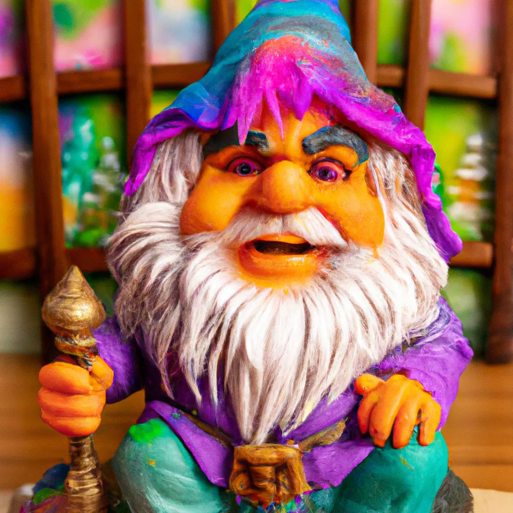 Prompt: figurine of a dwarf wizard with messy hair in his lair, by Lisa Frank