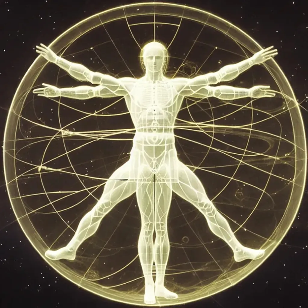 Prompt: A perfectly centred photograph of a cybernetic Vitruvian man by Leonardo DaVinci, double exposure, a nebula  showing through the figure on a white background, muted colours, super highly detailed, professional digital painting, artstation, concept art, Unreal Engine 5, photorealism, HD quality, 8k resolution, cinema 4d, 3D, beautiful, cinematic, Photo Manipulation by Alberto Seveso, by Frank Moth, by Anna Maghradze