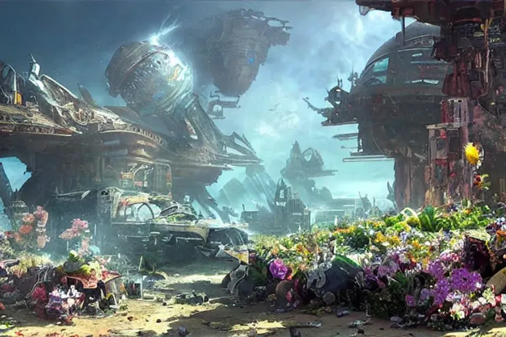 Prompt: forgotten lost ancient (rusting:1.2) (decaying:1.2) broken jagged_hole crashed (spaceship:1.1) in pieces on the ground in a junkyard, alien_flowers, in the spring, at daytime, cloudy, concept art by senior artist, cinematic painting by Berend Strik and John Berkey, 4k, muted colors, street view, artgerm, (star wars:0.25),chris foss, john harris, jim burns, peter elson, 80s sci-fi, (Kandinsky:0.5)