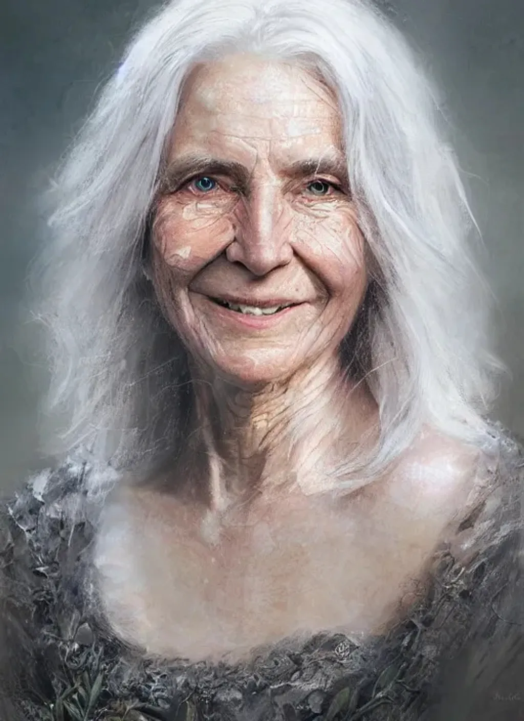 Prompt: Portrait of {grandmother} with {white} hair and with wise smiling face, {garden}, perfect composition, hyperrealistic, super detailed, 8k, high quality, trending art, trending on artstation, sharp soft focus, studio photo, intricate details, highly detailed, by greg rutkowski