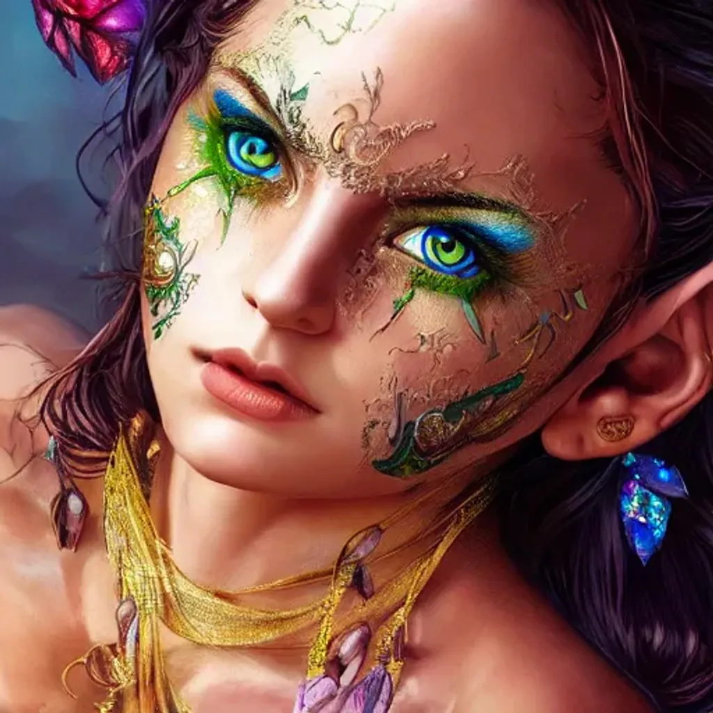 Prompt: elf, attractive, elegant, mature, beautiful, perfect tanned skin with insane rainbow details, detailed photorealistic eyes, trending on artstation, sharp focus, studio photo, intricate details, highly detailed, hyperrealism painting digital art of detailed character design matte painting, fantasy art