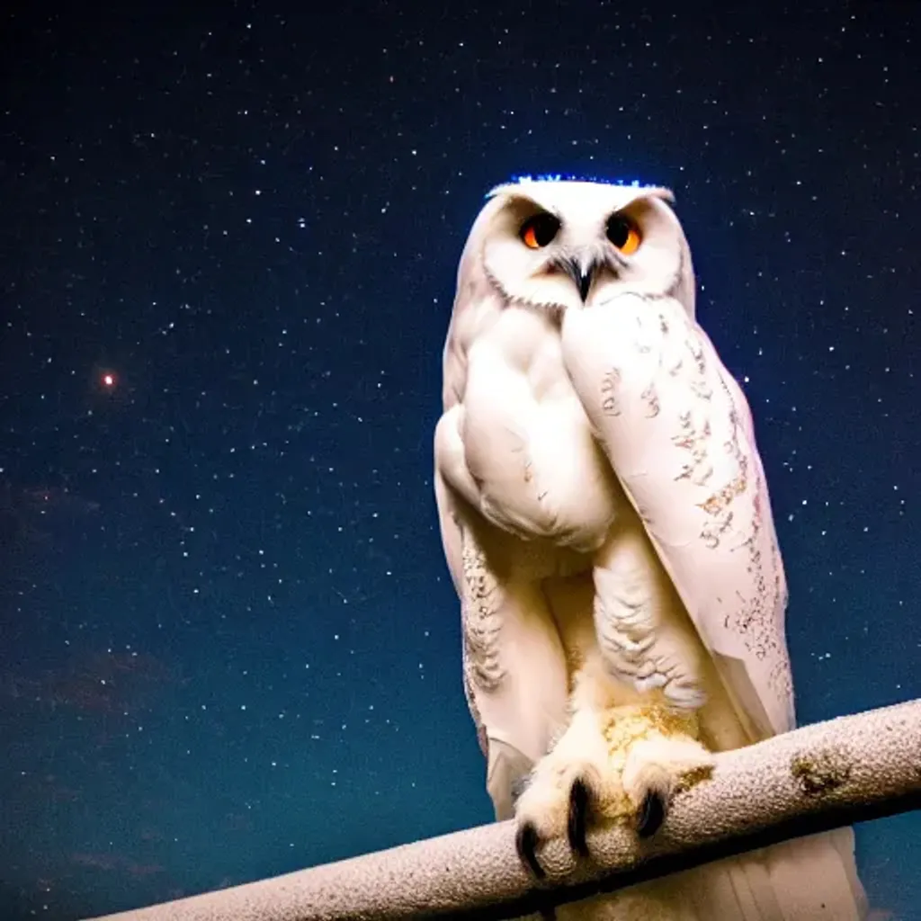 Prompt: photo of a shiny white eagle owl centered in a night sky, fullmoon, highly detailed, national geography,