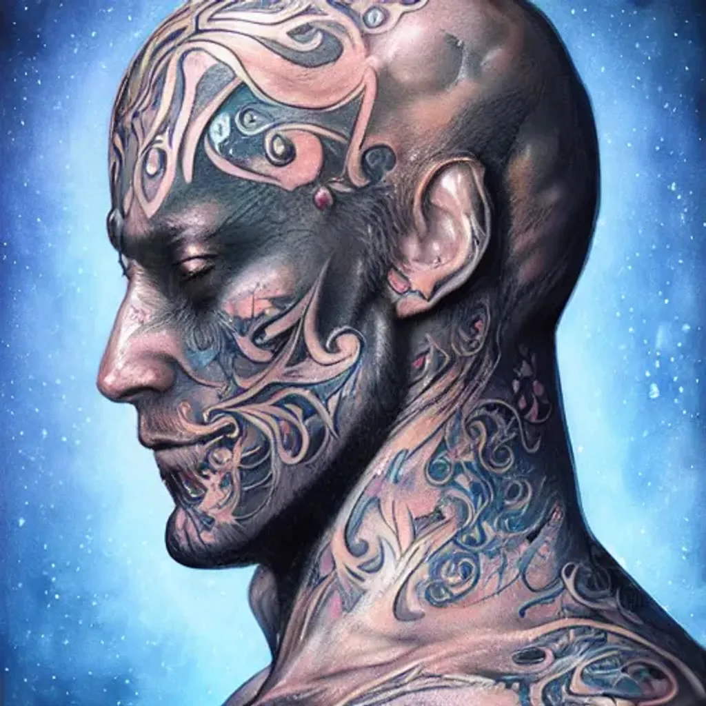 Prompt: an Artstation 3d render of Very very very very highly detailed beautiful mystic head and torso portrait of a phantom warrior with galaxy, tattoos by Anton Pieck, intricate,  extremely detailed, digital painting, artstation, concept art, smooth, sharp focus, illustration, intimidating lighting, incredible art,