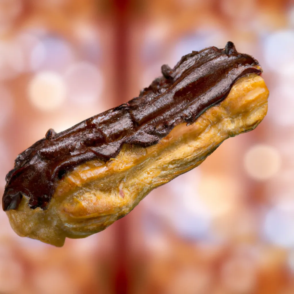 Prompt: photo realistic, super sharp, a single chocolate eclair closeup hanging in the air sideways , delicious realistic texture, studio lighting by bob norris Leica 12mm bokeh background 8k hyper realistic in paul pâtisserie 