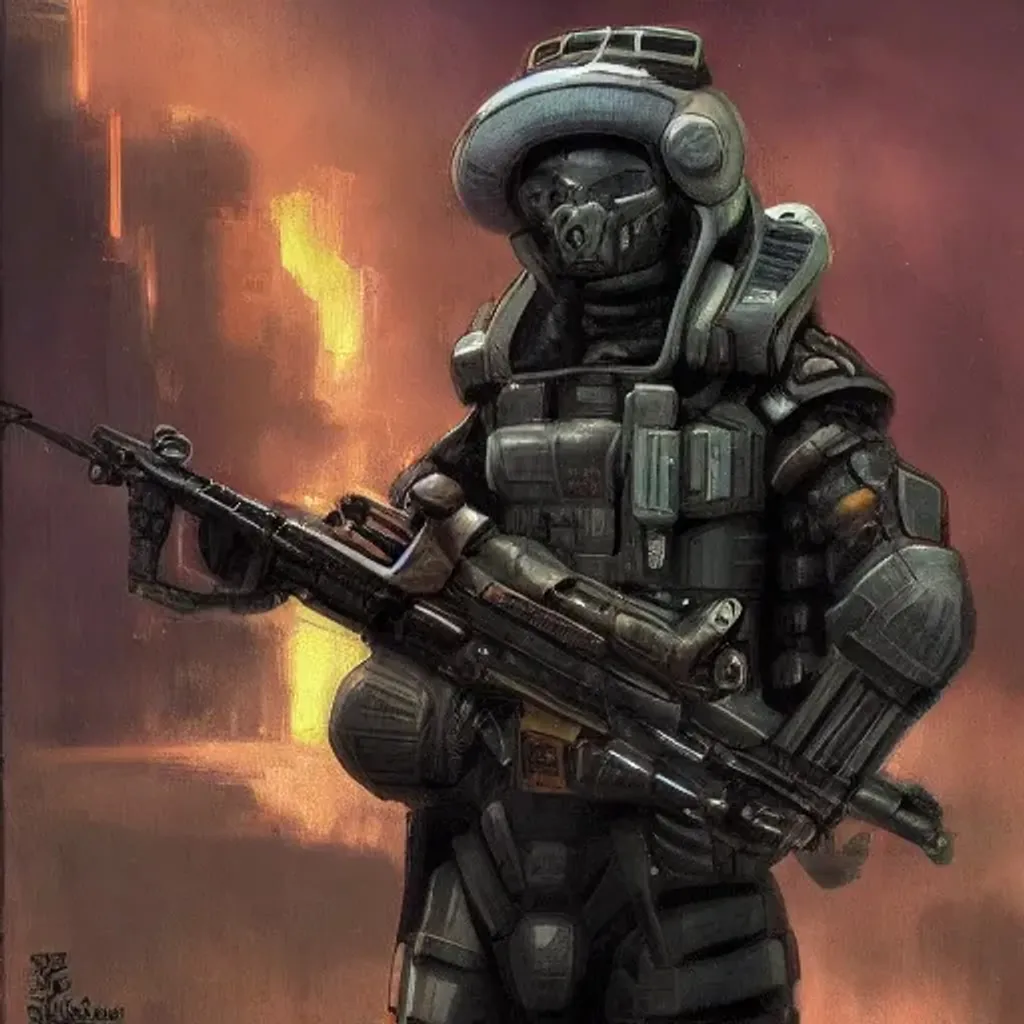 Prompt: scifi soldier at a dooms day senario