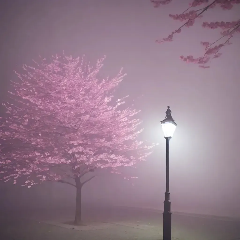 Prompt: low poly cherry blossom tree in the fog at night, with a street lamp, soft colors, liminal space