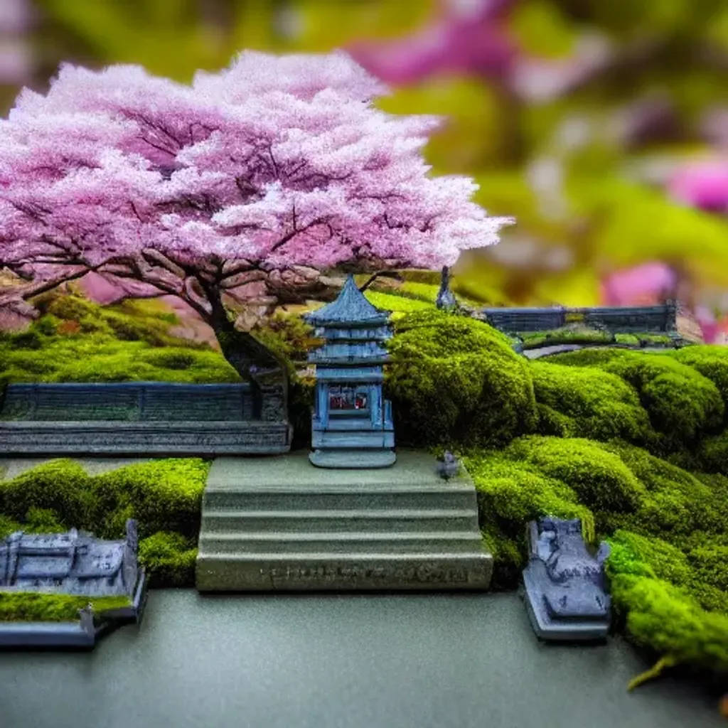 Prompt: miniature world in a box on a desk, cherry blossom trees, fog, Japanese temples, tilt-shift lens, shot on canon 5d, shot on nikon, shot on medium format phase one iq180, ultra realistic,