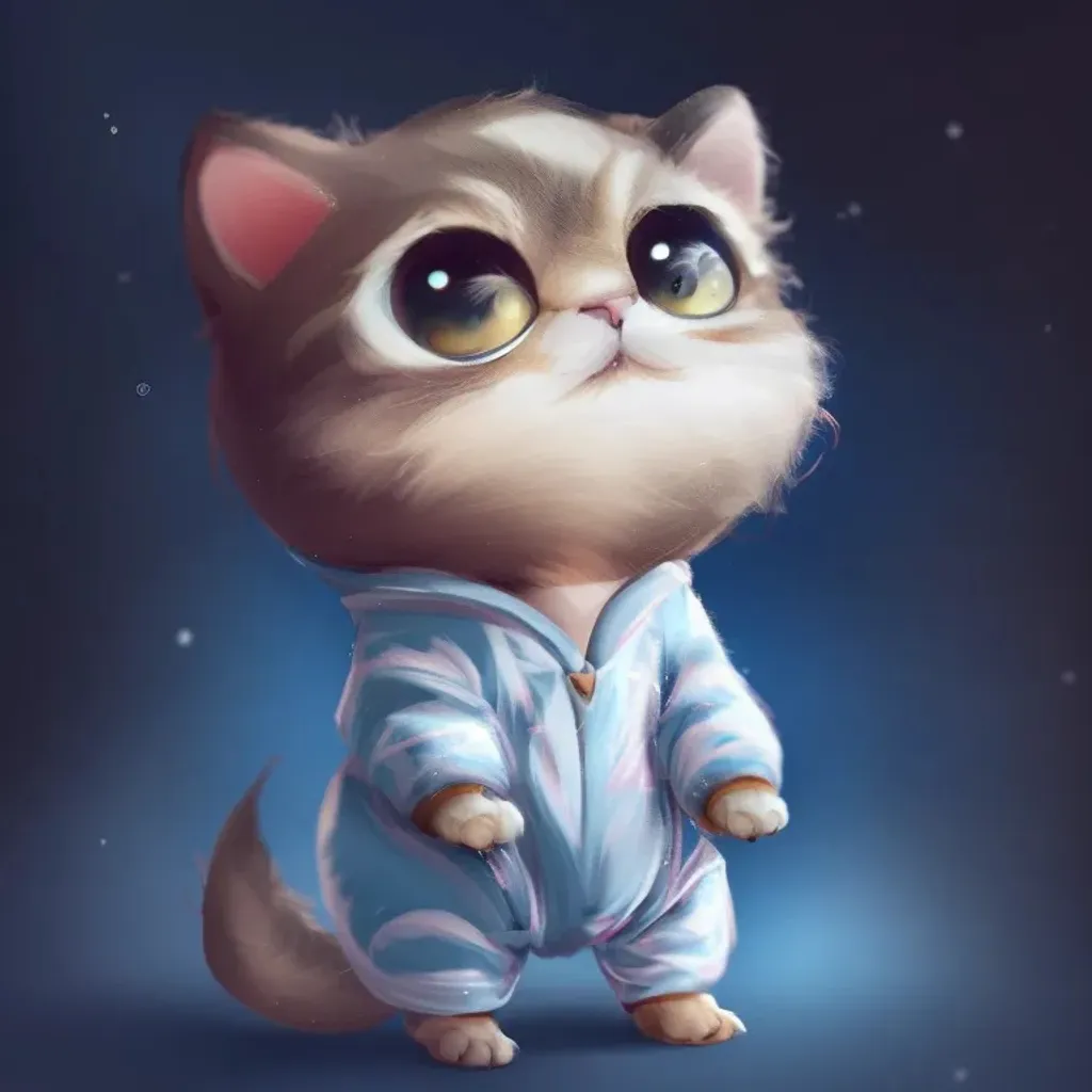 Prompt: the shot of an adorable chibified cat wearing pajamas, by soft_tigers, CGSociety, character design, digital illustration, space background, 8k resolution, fantasy
