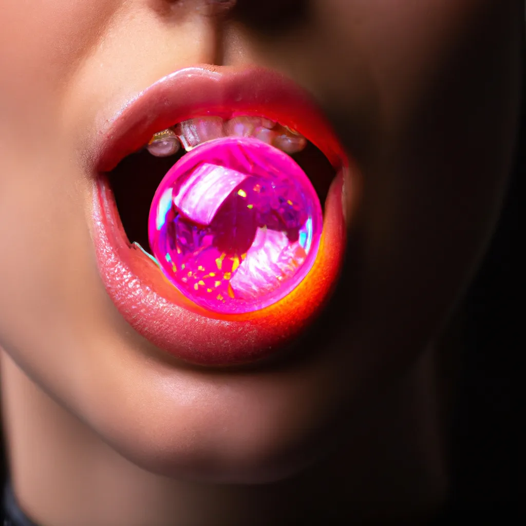 Prompt: Advertisement photoshoot. A beautiful girl is posing with a bubble gum. Girl popping the bubble gum. Photorealistic hyperrealistic close up high speed render. Beautiful smooth contrast, smooth curves, dark background, beautiful highly detailed droplets, reflections and refractions, dark studio backdrop, Beautiful studio lighting, Nikon Z7, ISO 400, Sigma 85mm f4.5 DG DN, aperture f/11, exposure 1/2000, studio lights, centered. 
