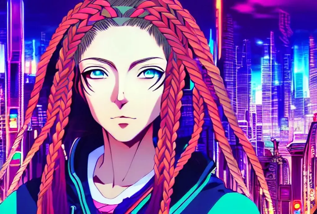 Prompt: anime portrait of a mature adult woman, beautiful eyes, beautiful intricate two toned braided hair, cyberpunk, psychedelic city background, concept art, digital painting, matte finish, looking into camera, landscape image, 8k