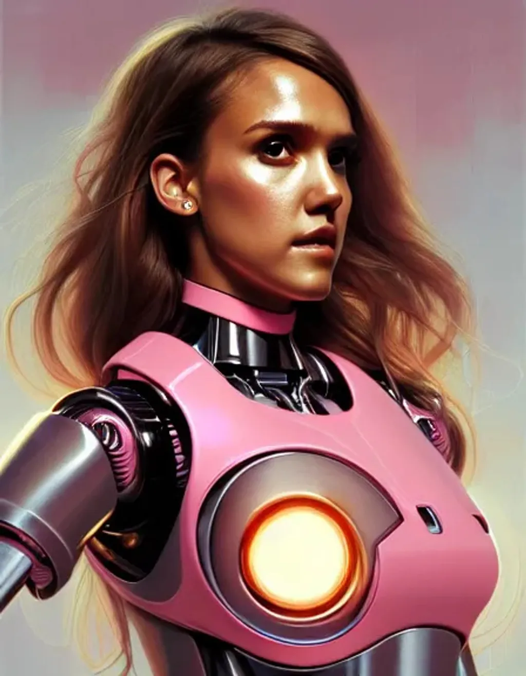 Prompt: portrait of a cute adorable robot android jessica alba, lighted from inside, heroic, collar, choker, submissive, pink electricity, gears, fantasy, highly detailed, sharp contrast, realistic, digital painting, artstation, smooth, sharp focus, illustration, art by artgerm and greg rutkowski and alphonse mucha