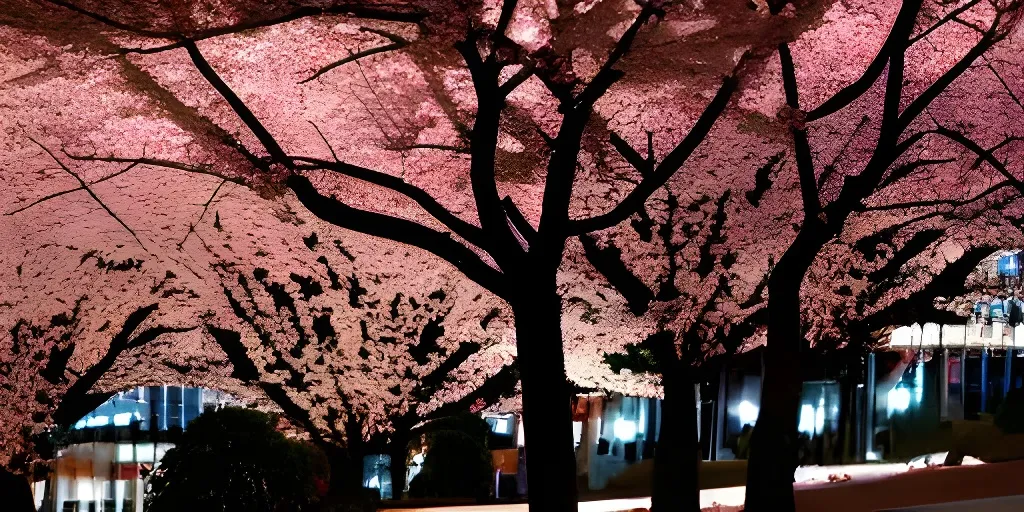 Prompt: cherry blossom trees on a hill in autumn at night, with city skyline in the background