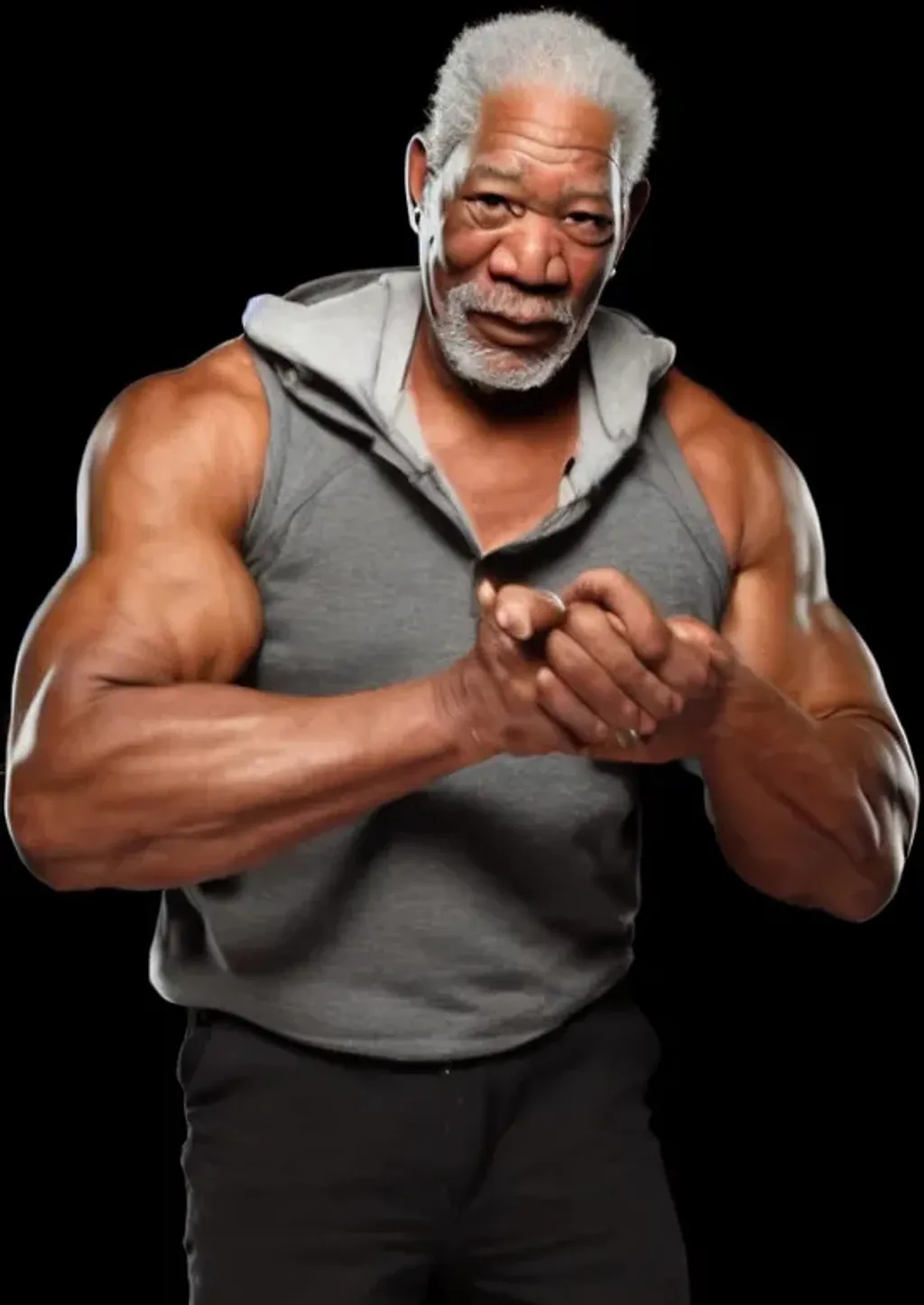 Prompt: Morgan Freeman holding a big goose, angry, mad, yolked, muscle, flex, 4K, 8K, High resolution