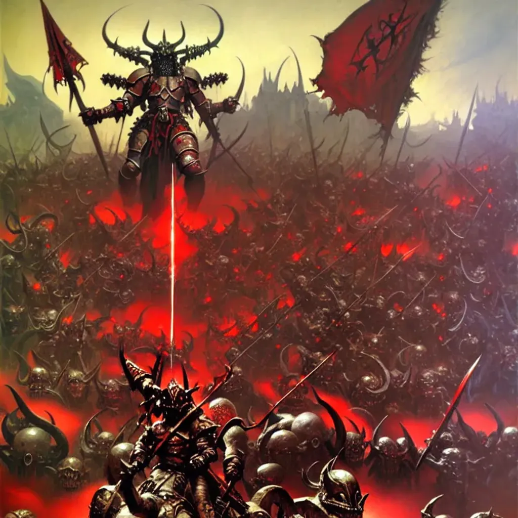 Prompt: Demon androgynous heavy armored and armed elves of Khorne march to battle, war, glory, lust, banners, fantasy art by Frank Frazetta, by Marc Simonetti, highly detailed, oil on canvas
