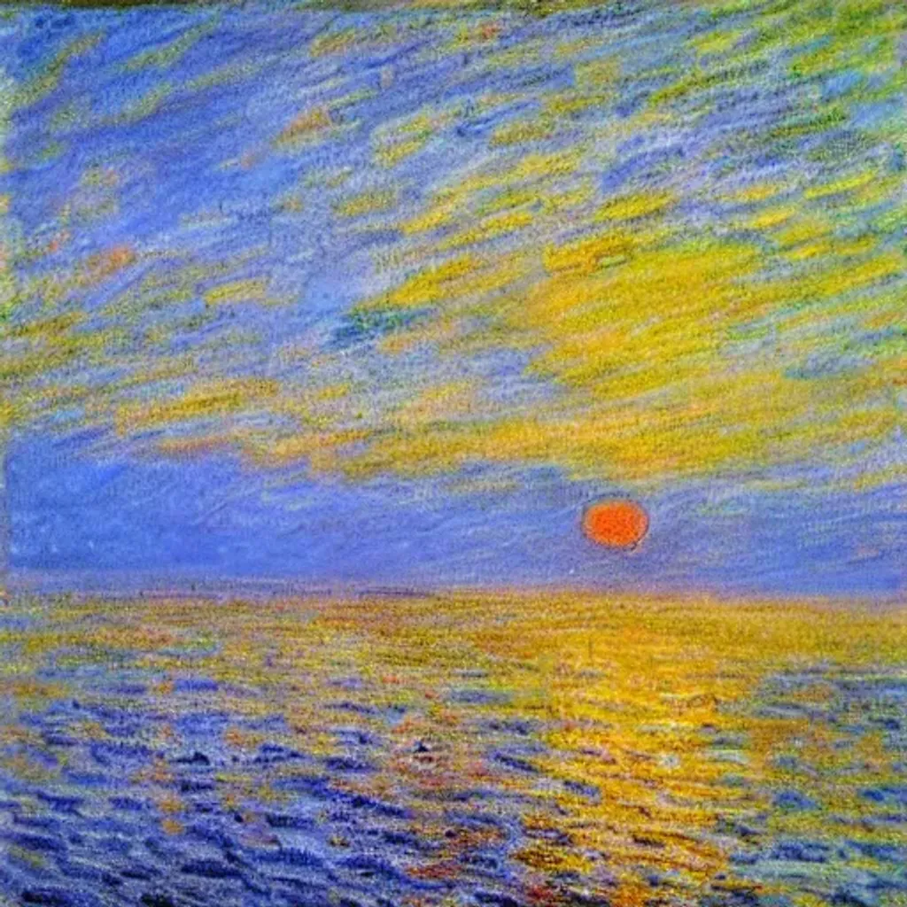 Prompt: I would like an image of a sunset landscape, similar to the style of the paintings of Claude Monet. The color palette should be warm tones, with mostly oranges, yellows and pinks. The image should be at least 1000x1000 pixels. Could you please provide me with at least 3 different variations of the image? Please provide the images in PNG format.