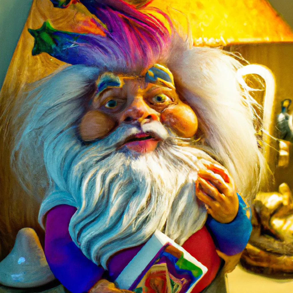 Prompt: figurine of a dwarf wizard with messy hair in his lair, by Lisa Frank