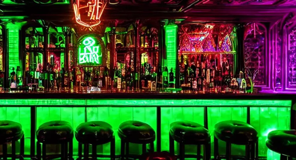 Prompt: ornate gothic futuristic bar inside a multistory gothic nightclub with black leather furniture and lime green neon lighting along it with various glowing drinks scattered on tables and neon green lighting throughout