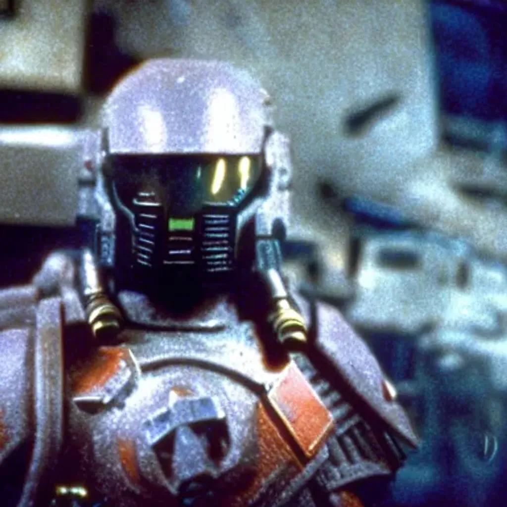 Prompt: color film still, a space marine exploring the interior of a dark, badly cluttered settlement ; alien 2 ( 1 9 8 6 )