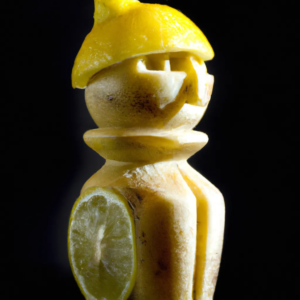Prompt: An artisan chess-piece-Knight, made out of lemon. sigma, f/8, rule of thirds, 50mm, award winning. chess knight/horse