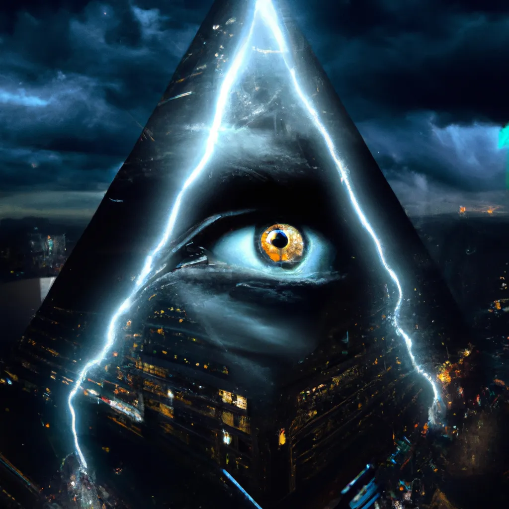 Prompt: hyper realistic, Illuminati evil pyramid eye, big city night, man staring up, lightning, movie poster, cinematic, 