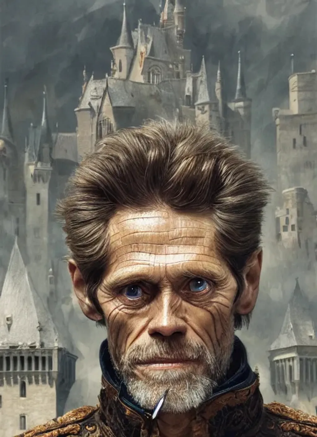 Prompt: Portrait of {Willem Dafoe} with {graying} hair and with cute face, {castle}, perfect composition, hyperrealistic, super detailed, 8k, high quality, trending art, trending on artstation, sharp focus, studio photo, intricate details, highly detailed, by greg rutkowski