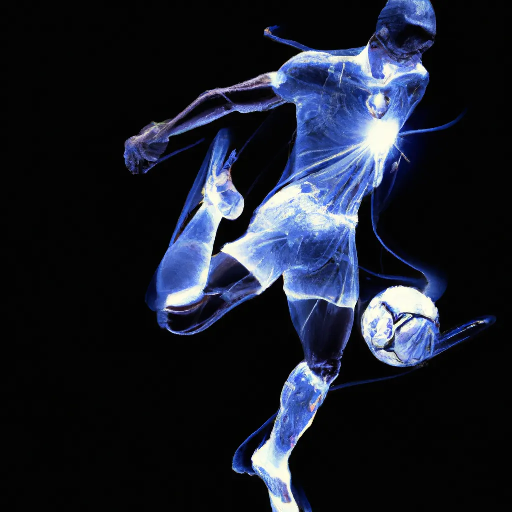 Prompt: a smooth transparent clear crystal body of Christiano Ronaldo kicking a soccer ball appears to be illuminated by smooth streaks of random lightning bolt wrapping his body in total darkness by Christian W. Staudinger, featured on cg society, perfect composition, black background, darkness, holography, backlight, transparent crystal, chiaroscuro, bioluminescence, opalescent, iridescent, x-ray hologram | 3d octane render | octane lighting | dream fantasy | centered | octane render artstation trending 8k ultra-detailed  | sharp focus golden ratio | Disney Pixar Dreamworks 