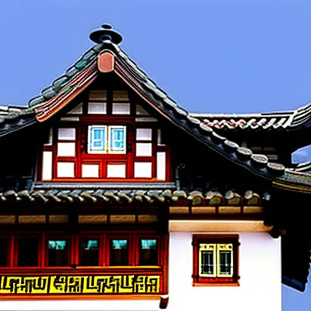 Prompt: A blend of German and Chinese architecture, tiled roofs, German roof, timber frame construction, photograph, broad light, cinematic lighting, rich lighting, vivid colors, highly detailed