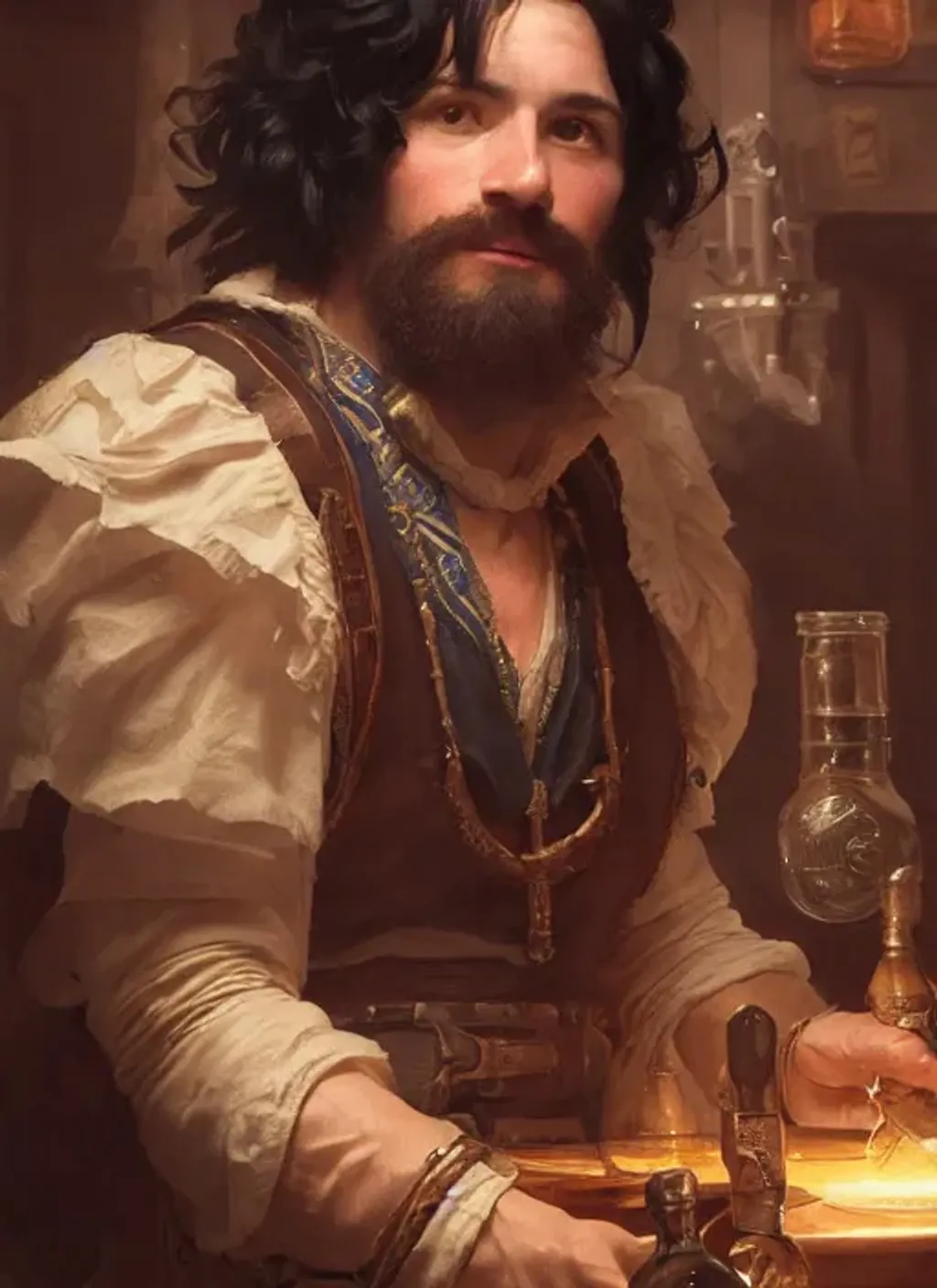 Prompt: Portrait of bard with black hair and with handsome face, in a tavern, perfect composition, hyperrealistic, super detailed, 8k, high quality, trending art, trending on artstation, sharp focus, studio photo, intricate details, highly detailed, by greg rutkowski