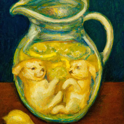 Prompt: A lemonade pitcher filled with puppies, oil painting in the style of Vincent Van Gogh