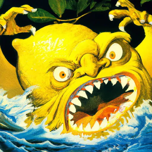 Prompt: A giant radiant yellow lemon with bulging eyes, and a mouth full of jagged teeth and tentacle arms, bursting out of the pacific ocean in a crazed rage, tradition art, by Frank Frazetta