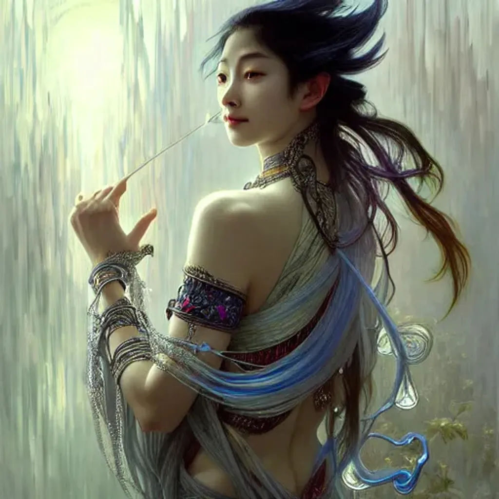 Prompt: Asian elf goddess of thunderstorm, spiritual dancer, silver hair, ice eyes, fair skin, lightly dressed, fantasy, exquisite jewelry, intricate, highly detailed, digital painting, artstation, concept art, smooth, sharp focus, art by Artem Demura and Alphonse Mucha, ArtGerm, valentina remenar