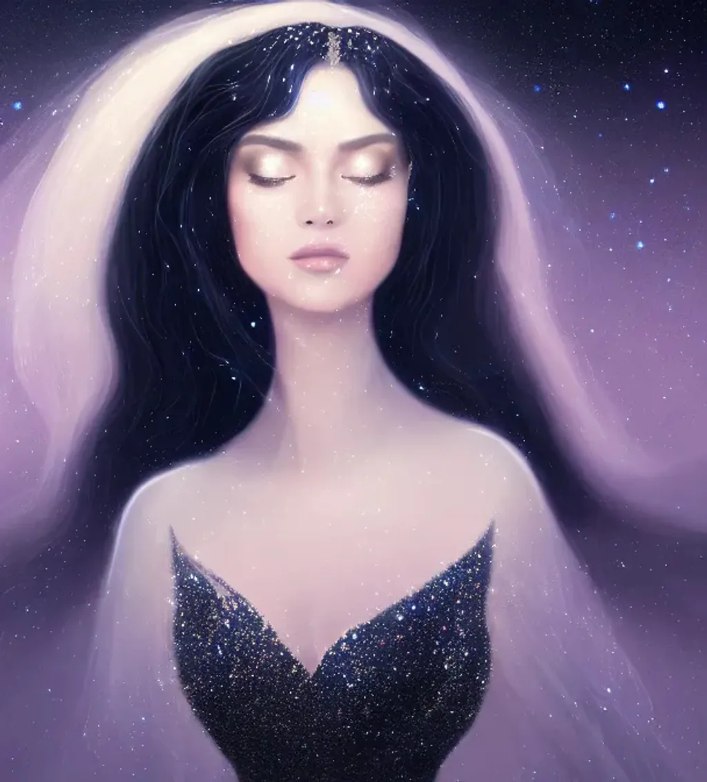 Prompt: Portrait of a beautiful female Spirit of Starlight wearing a glittering gown with jet black hair and background of twinkling stars, fantasy, intricate, elegant, highly detailed, digital painting, trending on artstation, concept art, smooth, sharp focus, unreal engine, 4k, 8k, otherworldly, ethereal