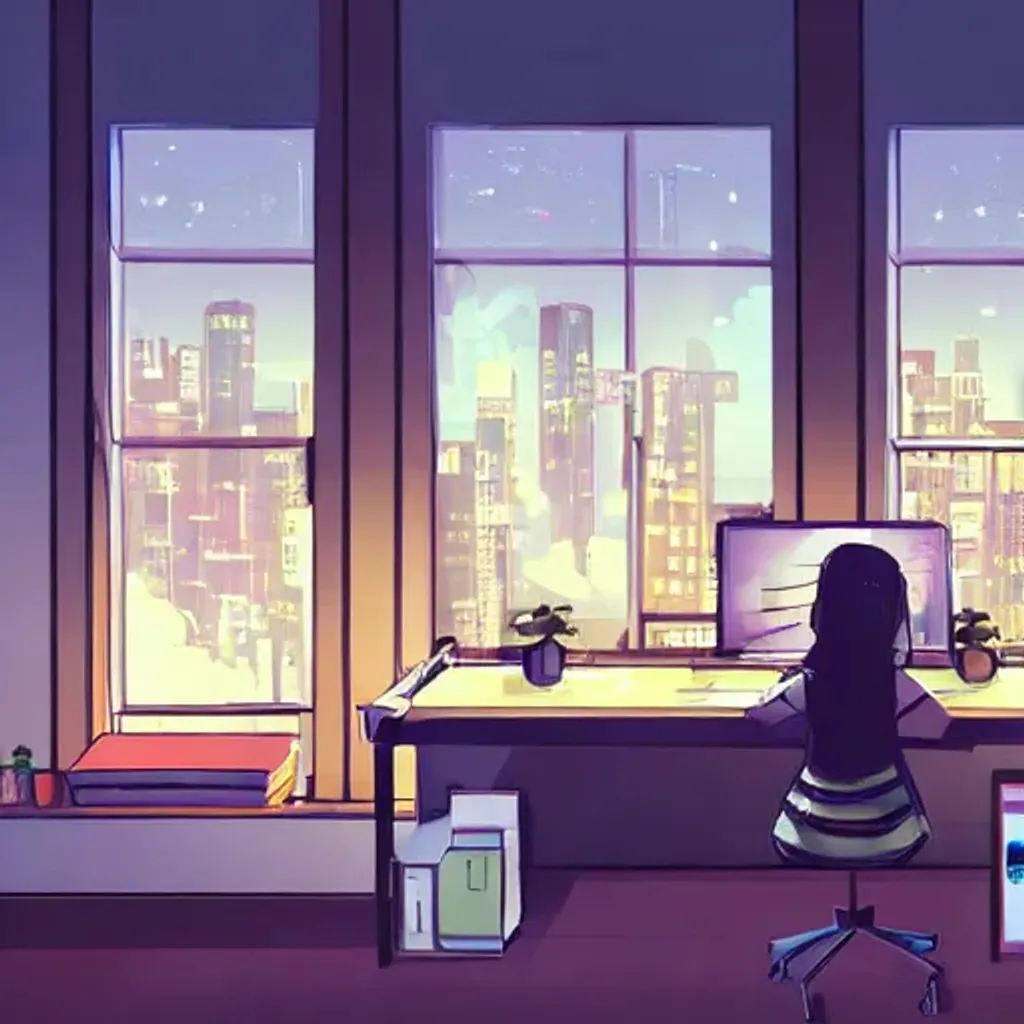 Woman in lofi apartment city view lights with lots o... | OpenArt
