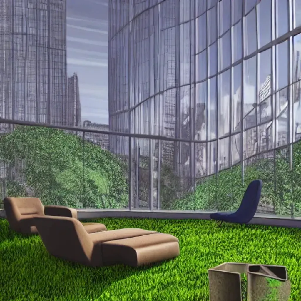 Prompt: an office with moss chairs, windows of an over grown city in the background hyper realistic digital art children