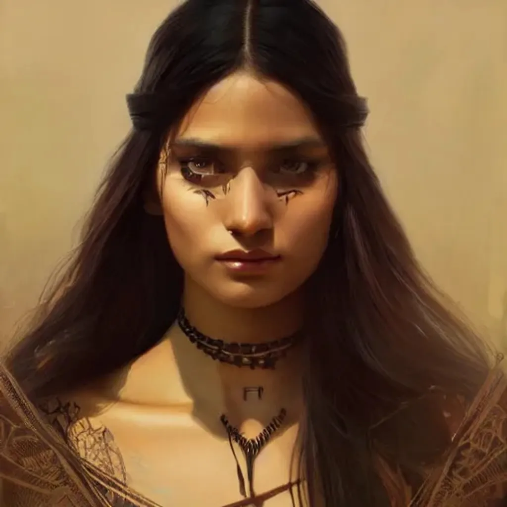 Prompt: one beautiful young native american woman with black long hair, human eyes, facial symmetry feminine, beautiful, intricate, highly detailed, digital painting, artstation, cinematic lighting, concept art, sharp focus, illustration, art by greg rutkowski and alphonse mucha