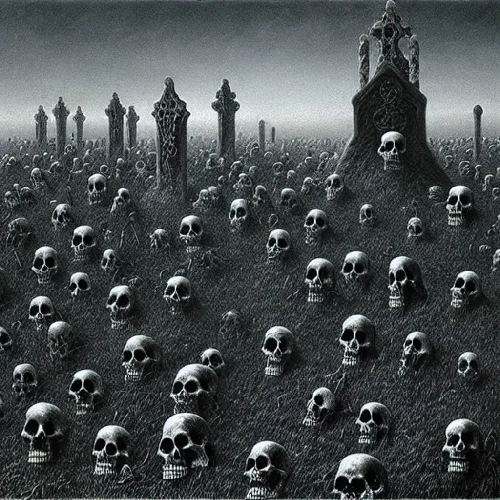 Graveyard with many skeletons, art by Zdzisław Beksi... | OpenArt