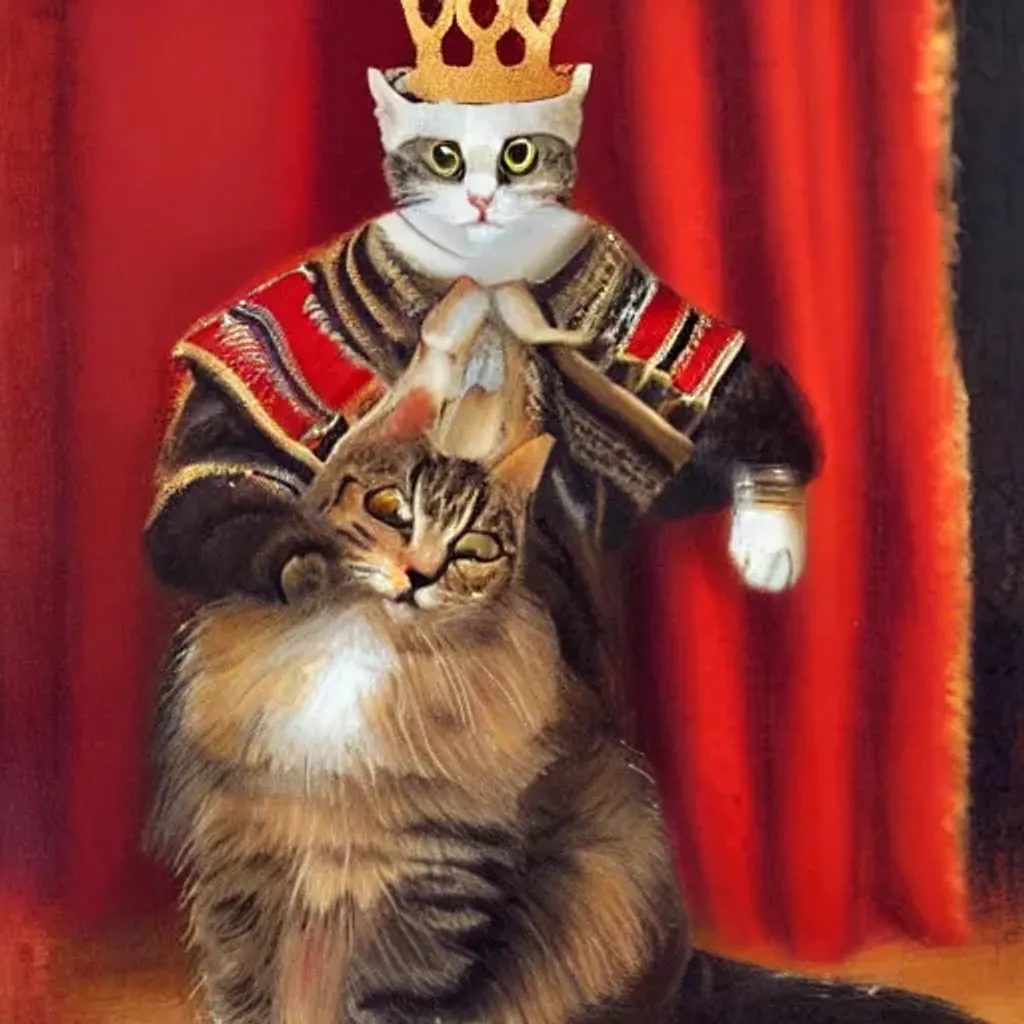 Prompt: Rennaissance style portrait of a cat with a crown in front of a red curtain