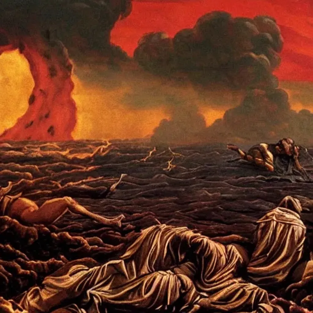 Prompt: The apocalypse is a dark and frightening vision of the end times. In this apocalyptic tableau, the Earth is devastated by wars, diseases, natural cataclysms and biblical plagues. The skies are darkened with smoke and ash, as one star after another goes out. The oceans are invaded by muddy waters and the lands are flooded by rivers of fiery lava.

People are running in all directions, desperately looking for a refuge or an escape. Buildings crumble, roads are blocked and bridges collapse with a deafening crash. Panic and terror are everywhere as people fight for survival.

In the midst of it all, demons and evil forces lurk, taking advantage of people's confusion and distress. Lost souls roam the streets screaming, as darkness invades everything.

Despite everything, a few rare survivors regroup, striving to maintain a semblance of hope in this devastated world. They build shelters and fight for their lives, knowing that the end is near.

And so, the end of time approaches, marking the end of an era and the beginning of a new, mysterious and uncertain era.