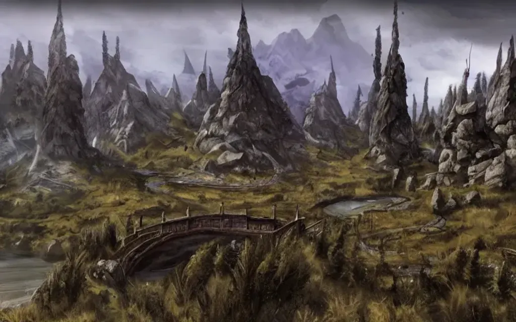 Prompt: landscape, video games, elder scrolls, skyrim, whiterun, morrowind, blades, swords, fantasy, dragons, mountains, fields, trees, retro, tall trees, river, water, color blue, color green, ariel view, blue sky, bright blue, bright green, battle, warriors, mages, wizards, witches, orcs, trolls, fantasy city in the distance, day time, bright, dark 80s fantasy