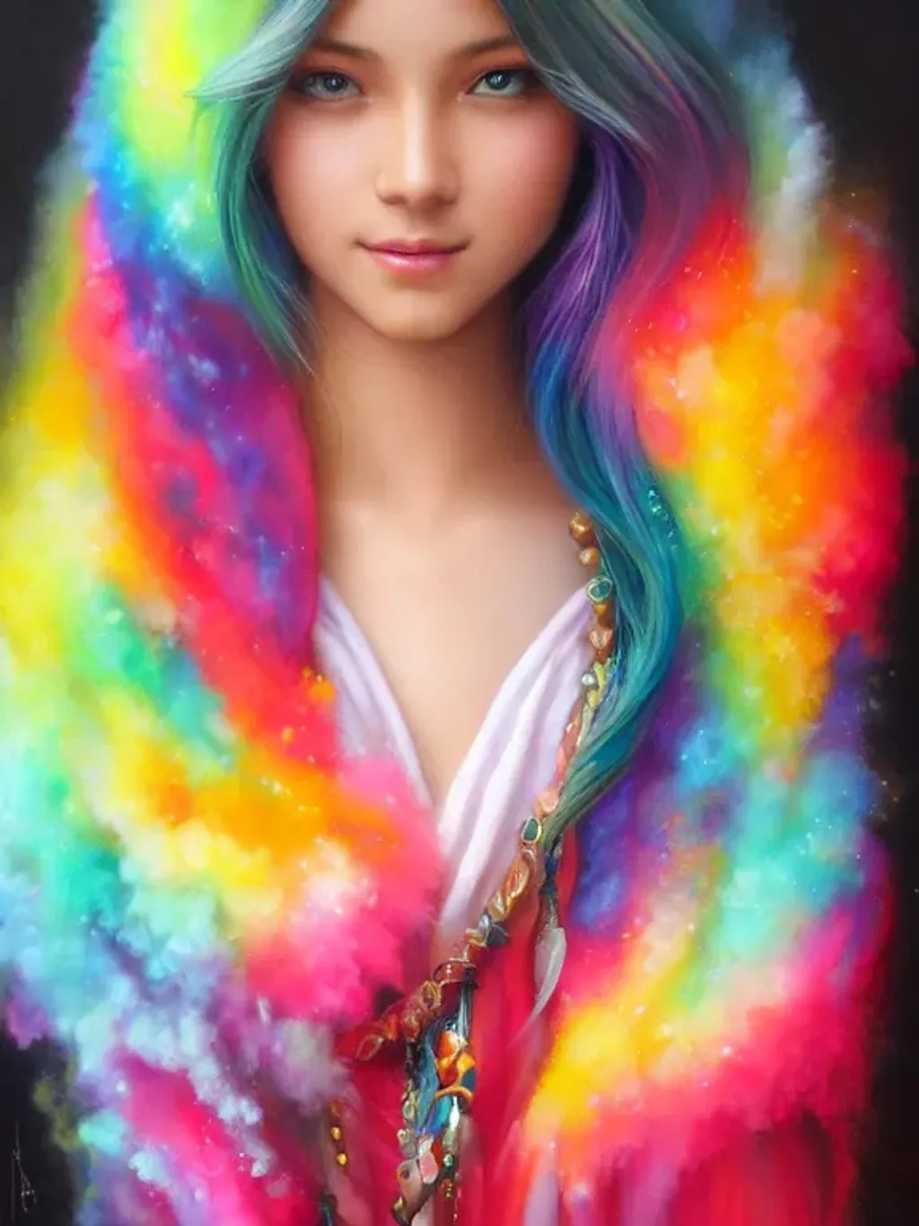 Prompt: mystic, rainbow, liquid smoke, pastel, photograph, highly detailed face, 8k, attractive, elegant, confident, optimistic, teenager, smiling, beautiful, heroine, perfect look, highly detailed terrific clothing, fine skin details, trending on artstation, sharp focus, intricate details, highly detailed, Artgerm, Greg Rutkowski, Tom Blackwell