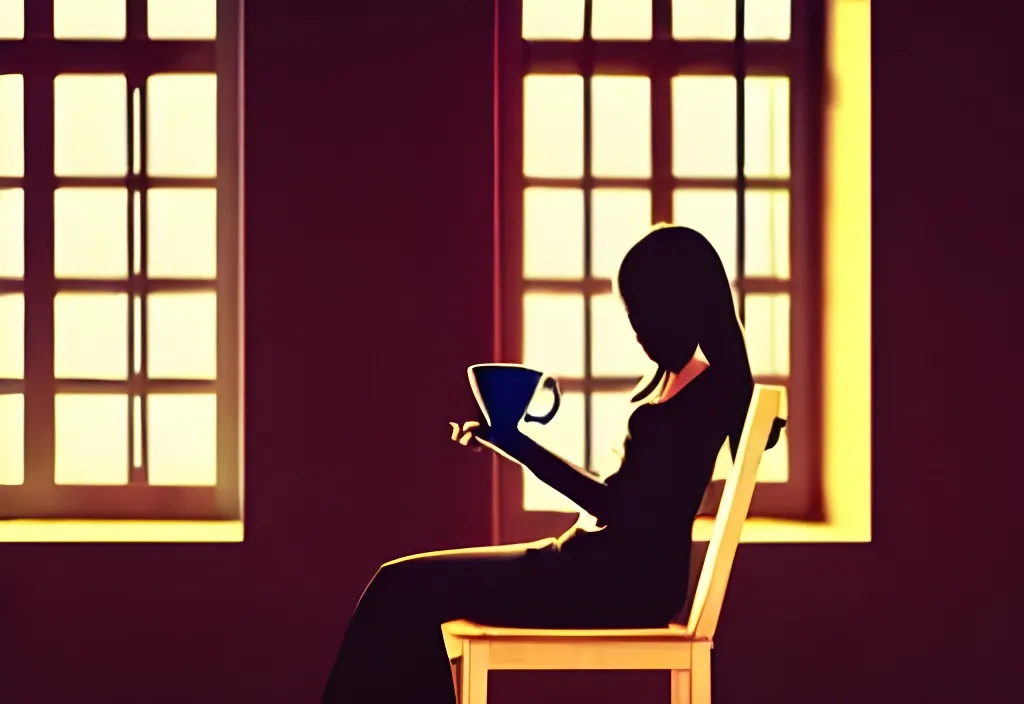 Prompt: Anime Woman Drinking Tea while sitting on a chair. Detailed. Interesting Camera Angle. Background is a Wooden Window. Volumetric Lighting from Windows.