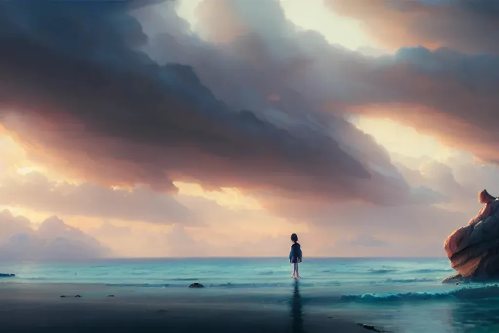 Prompt: a beach and cloudy sky, highly detailed oil painting, hyperrealistic, cinematic lighting, Studio Ghibli, Jessica Rossier, digital art, octane render, epic composition, masterpiece