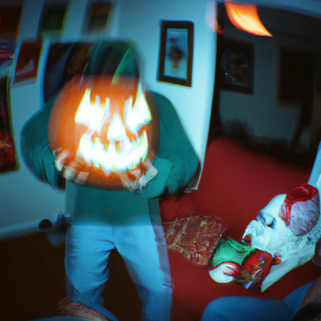 Prompt: A distorted 1993 disposable camera photograph of a zombie with a pumpkin head in a American home