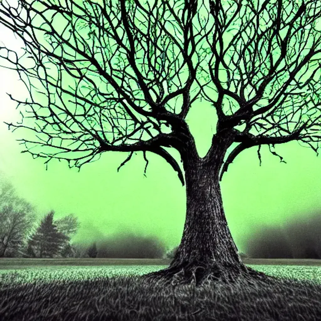 Prompt: Fractal, Bright green, dark grey, tree
