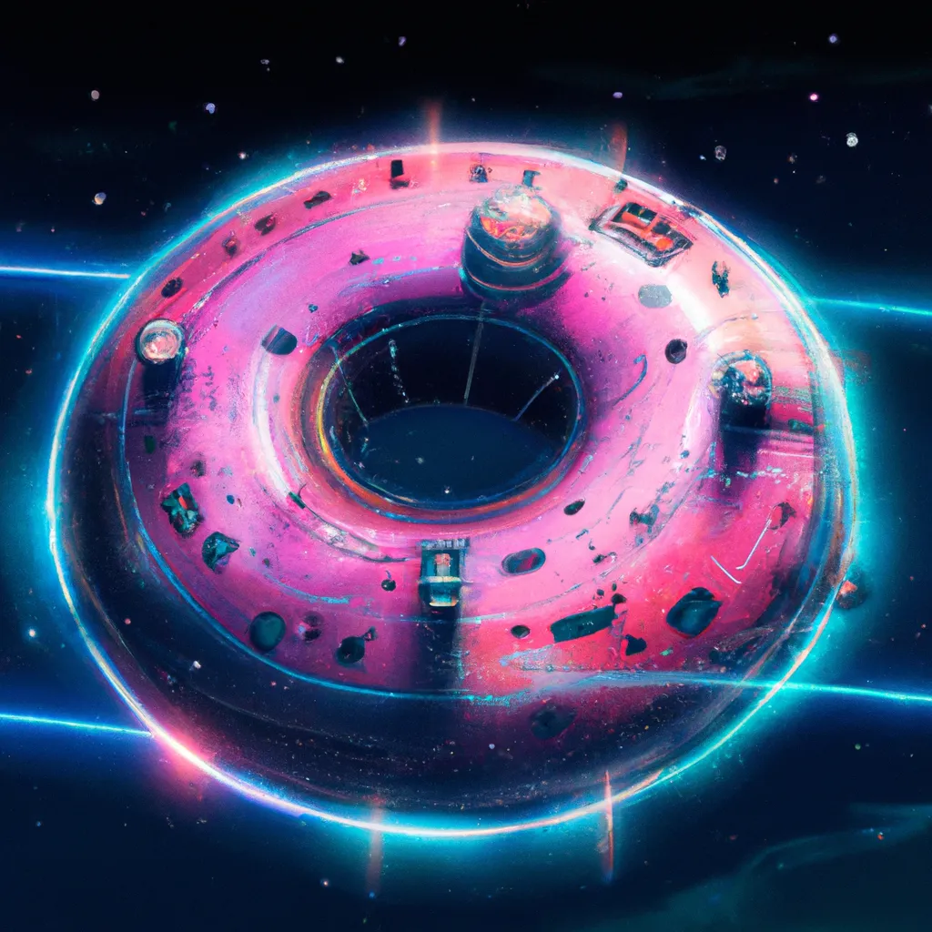 Prompt: Large space station that looks like donut with pink glaze, highly detailed digital art