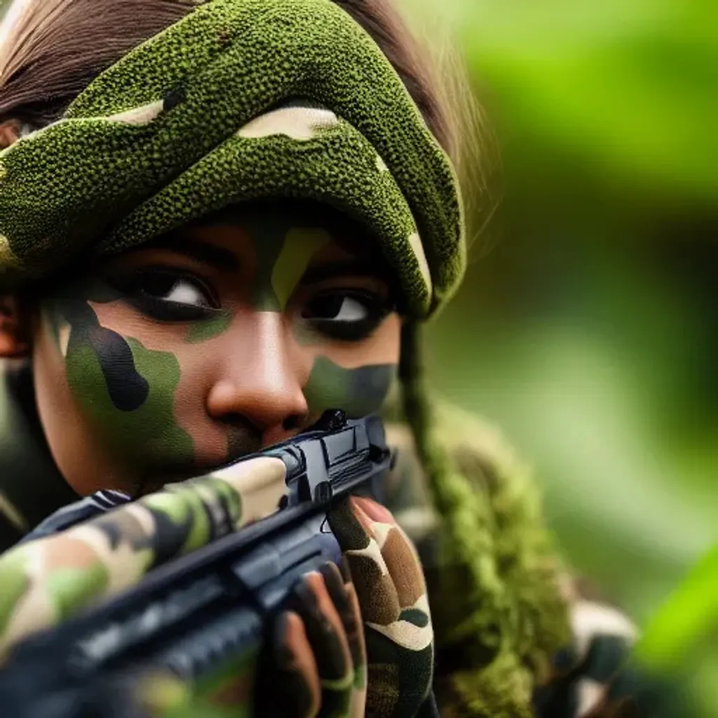 Prompt: Camouflage Colors, Portrait Photo of a Camouflaged Female Soldier, (((camouflage paint on face))), Long shot, action scene, highly detailed, intricate detail, Jungle, highly detailed