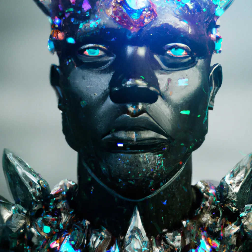 Prompt: 3d Model of Black Magic Warrior  with crystal eyes, crystals, colorful aura surrounding, close-up, hyperrealistic, cinematic, full hd, highly detailed, digital, trending in artstation, sharp focus, smooth, 8k, 80mm lens