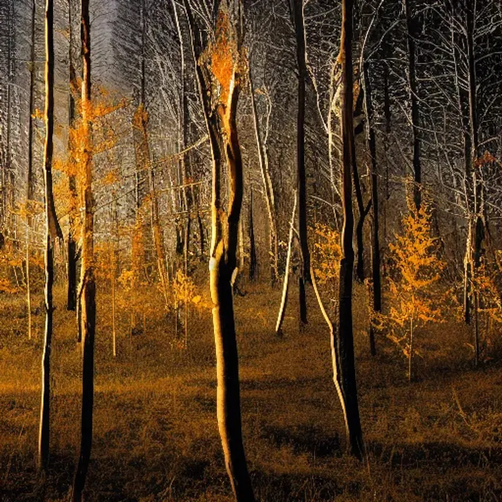 Prompt: dead trees in autumn forest at night, liminal space